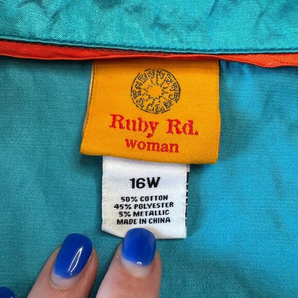 Ruby Rd. Womens Shiny Teal 3/4 Sleeve Zip-Up Collared Jacket Sz 16W Pockets - Picture 2 of 5